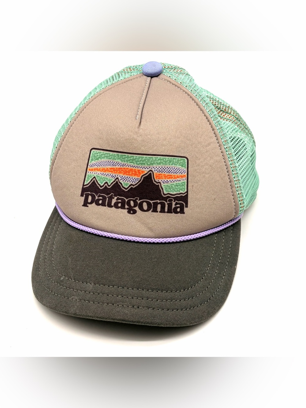 Patagonia Mens Logo Mint, Gray & Beige Logo Trucker Mesh Cap Hat O/S